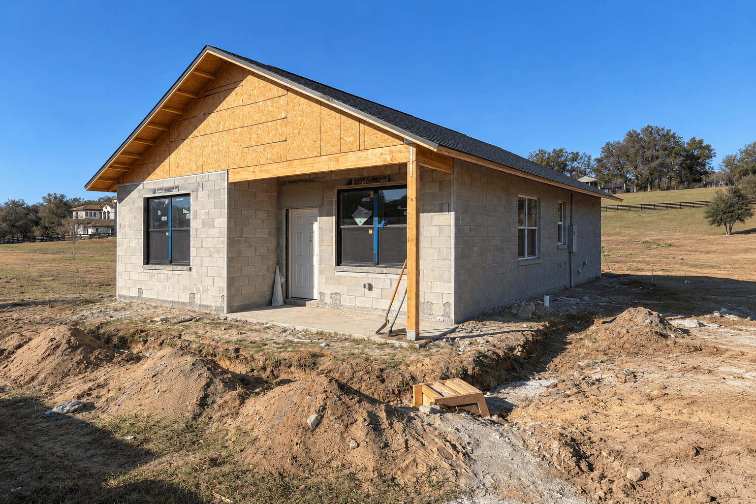 New construction home in Central Florida with concrete block walls, roof trusses, and sheathing complete, surrounded by graded soil