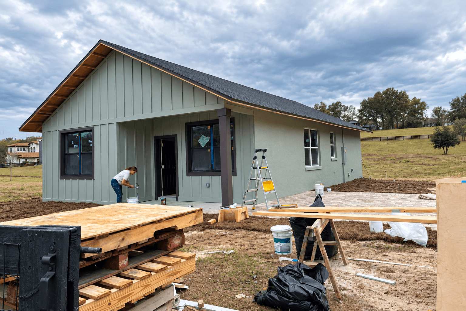 Painter finishing board-and-batten siding on a new Central Florida home as paver driveway installation is underway